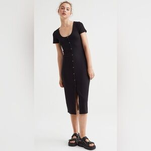 Black Ribbed Button-Down Dress